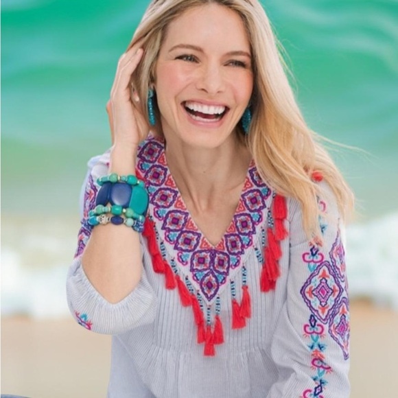 White and Purple Embroidered Blouse with V-Neck - Picture 1 of 7